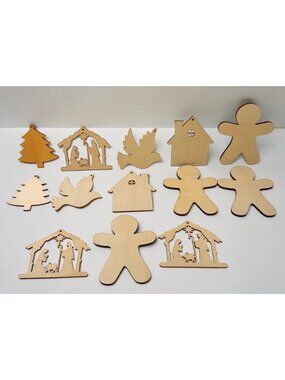 Wooden Christmas Ornament Lot of 13 Crafts Nativity Trees Doves Gingerbread Men